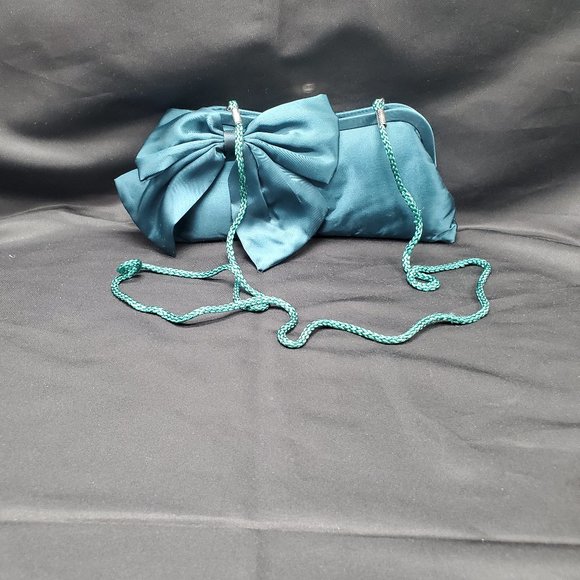 NWOT Kate Landry Turquoise  Satin Clutch Purse with Bow and strap - Picture 8 of 9